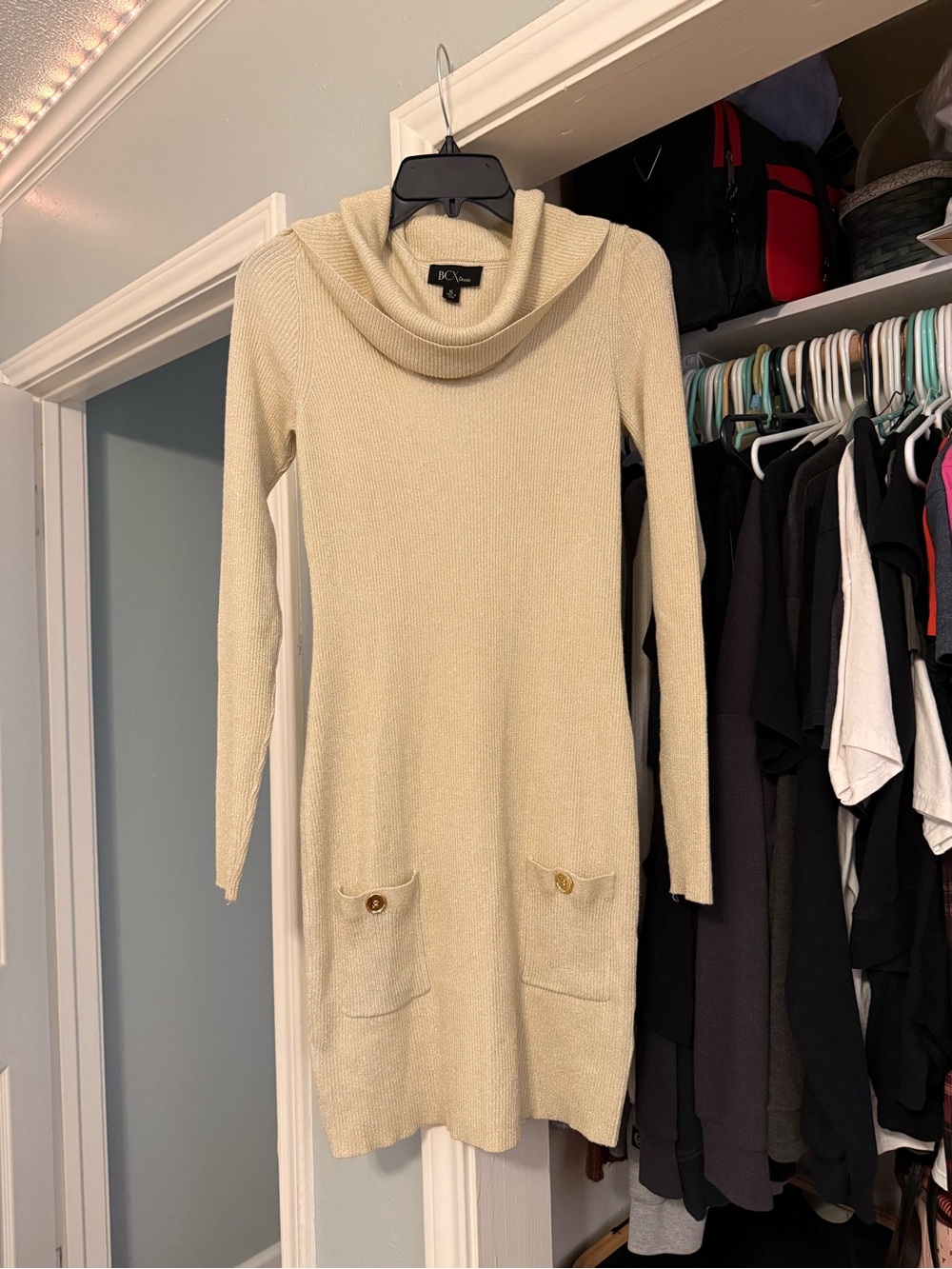BCX Cream Cowl Neck Sweater Dress with Front Pockets